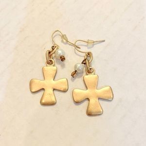 Gold Tone Cross Shape Earrings with Pearl Drops